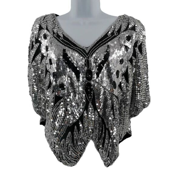 Vintage Black Silk Butterfly Top Hand Embellished with Silver Sequins and Black - Picture 1 of 4